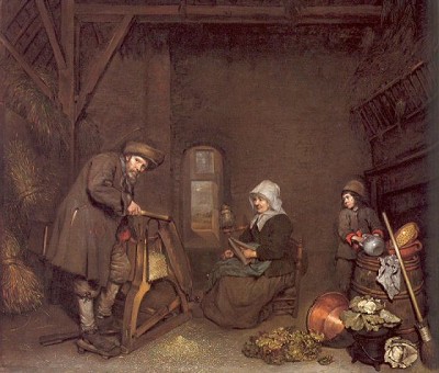 Caspar Netscher, "The Chaff Cutter, Woman and Child", c1659, Philadelphia Museum of Art.